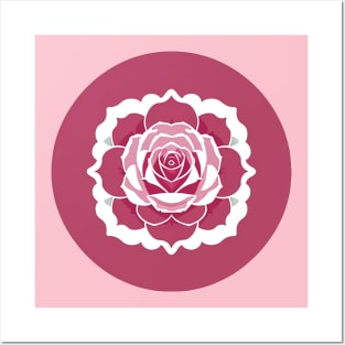 Circular rose design with pink petals and green leaves Posters and Art